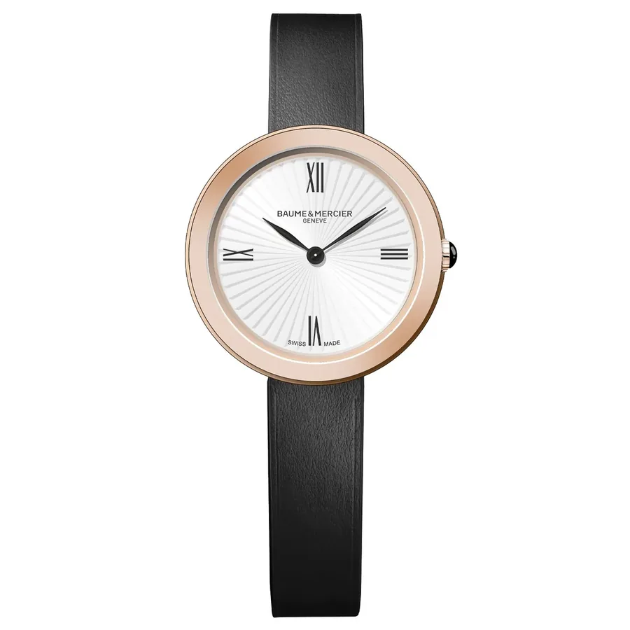 Baume & Mercier 28mm Silver Dial, Black Leather Strap, front view