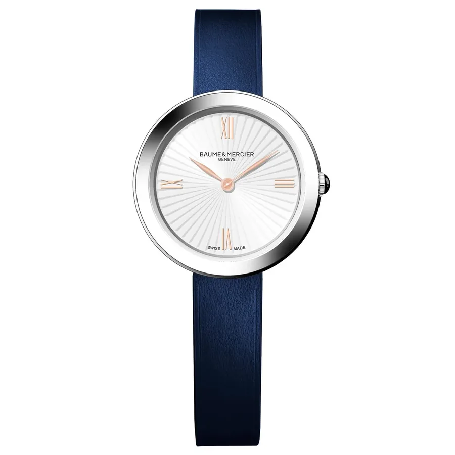 Baume & Mercier 28mm Silver Dial, Blue Leather Strap, front view