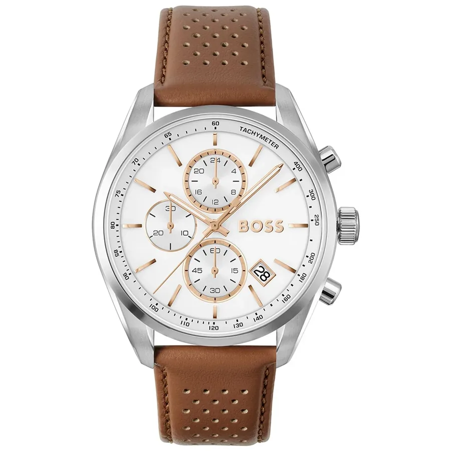 BOSS Grand Prix 44 44mm Chronograph White Dial, Brown Leather Strap, Ref. 1514313, front view