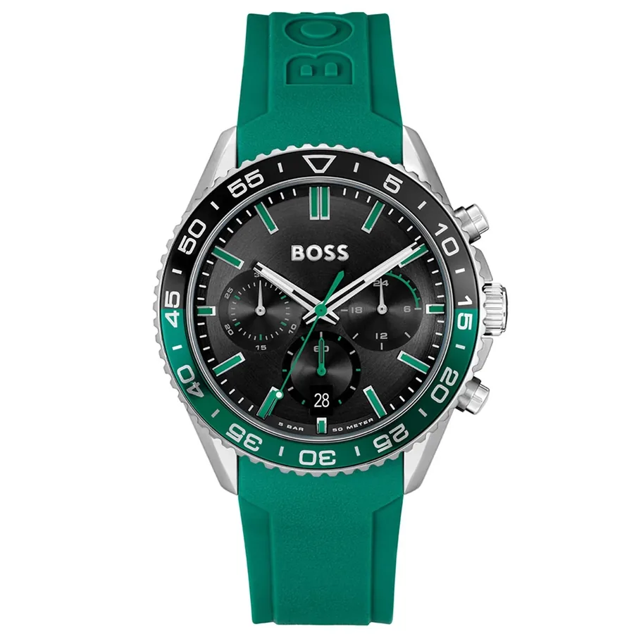 BOSS Runner Chrono 43mm Black Dial, Green Rubber Strap, front view