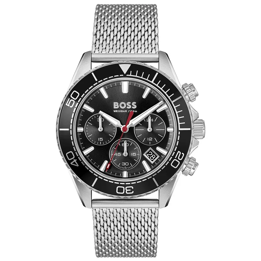 BOSS Sealiner 44mm Chronograph Black Dial, Silver-Tone Stainless Steel Bracelet, front view