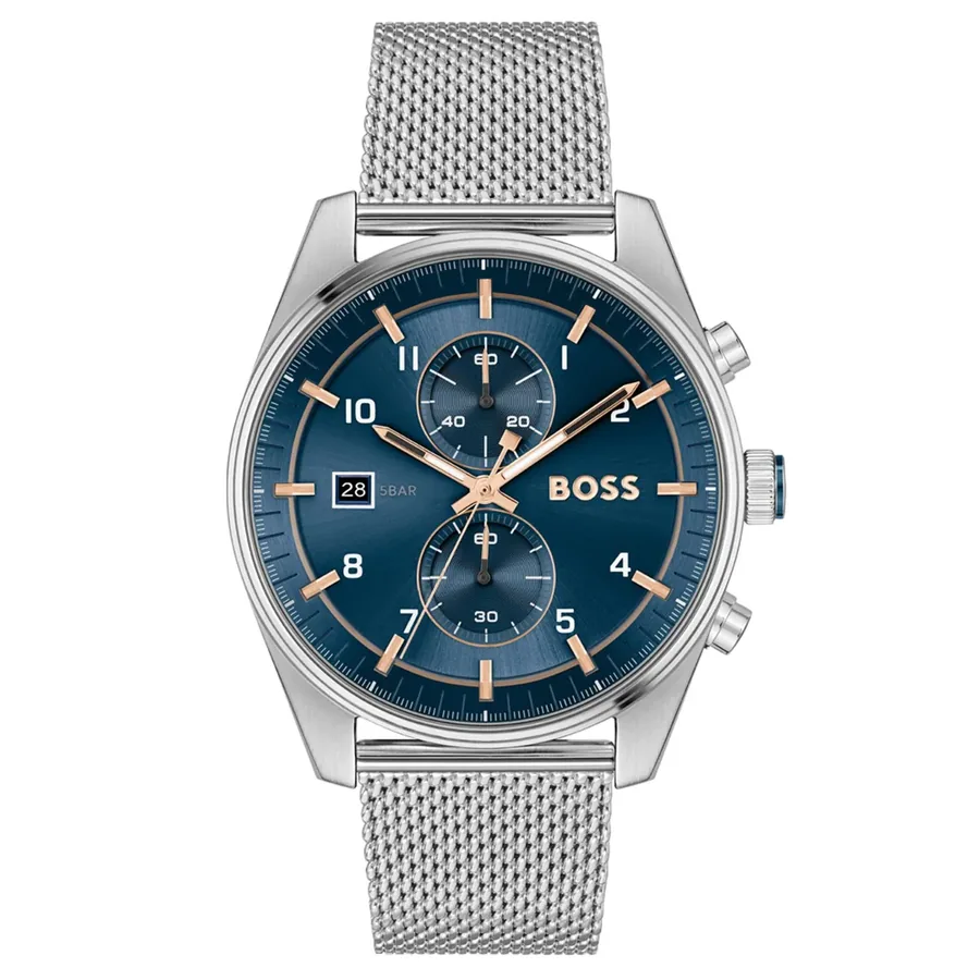 BOSS Skytraveller 44mm Chronograph Blue Dial, Silver-Tone Stainless Steel Bracelet, front view