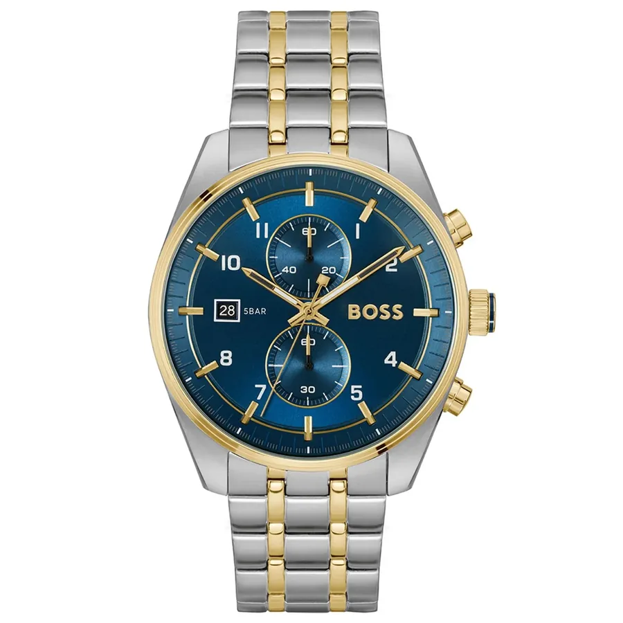 BOSS Skytraveller 44mm Chronograph Blue Dial, Two-Tone Stainless Steel Bracelet, front view