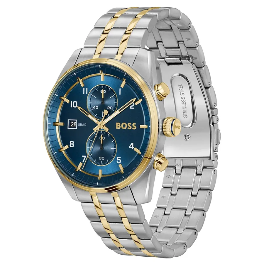 BOSS Skytraveller 44mm Chronograph Blue Dial, Two-Tone Stainless Steel Bracelet, view 3