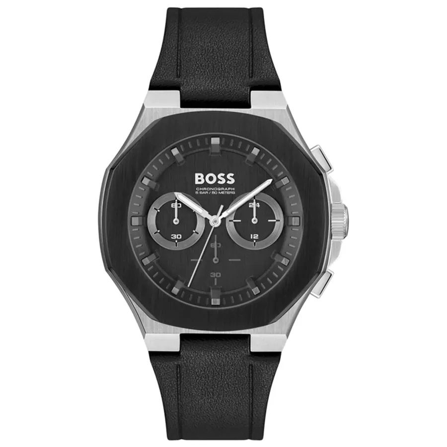 BOSS Taper 45mm Chronograph Black Dial, Black Leather Strap, Ref. 1514085, front view