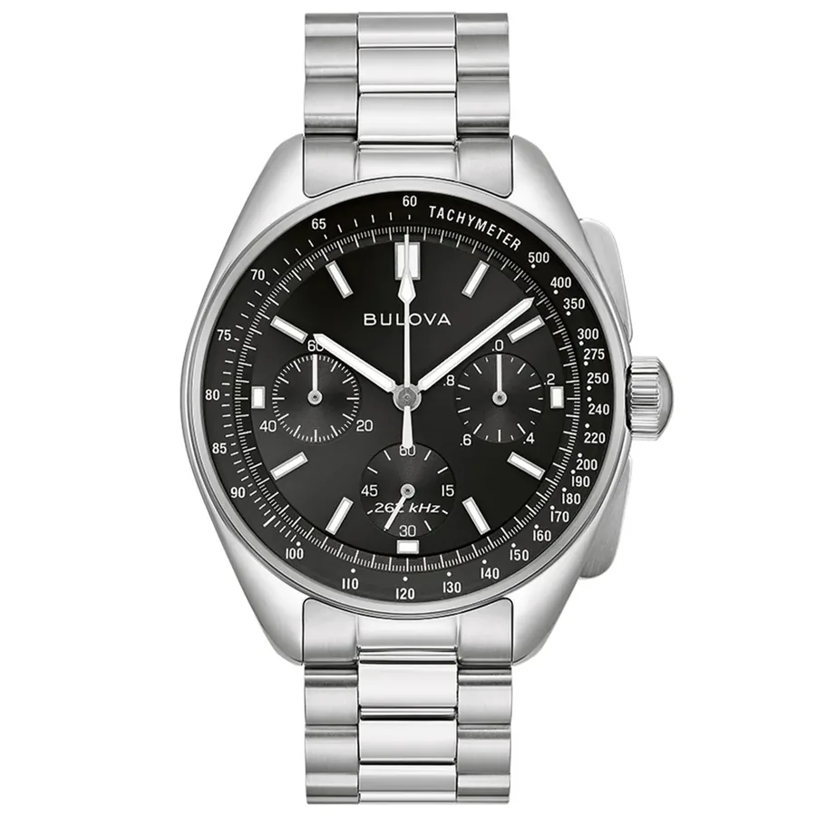 Bulova Archive Series 43mm Chronograph Black Dial, Silver-Tone Stainless Steel Bracelet, Ref. 96K111, front view