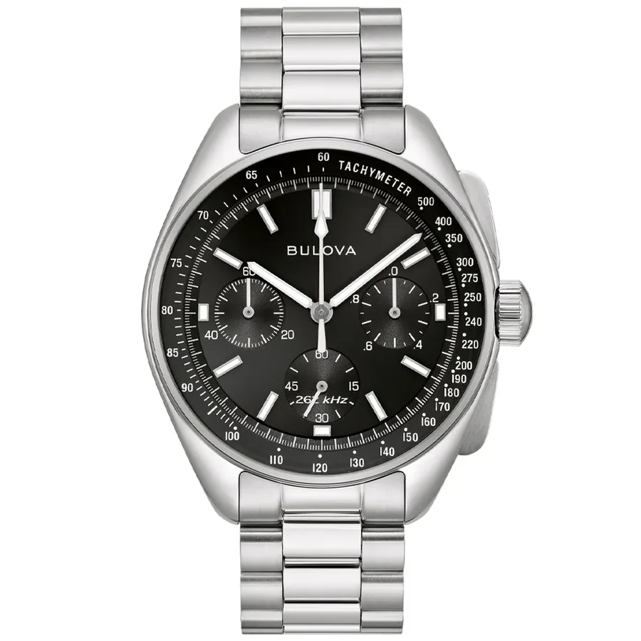 Bulova Archive Series 43mm Chronograph Black Dial, Silver-Tone Stainless Steel Bracelet, Ref. 96K111, front view