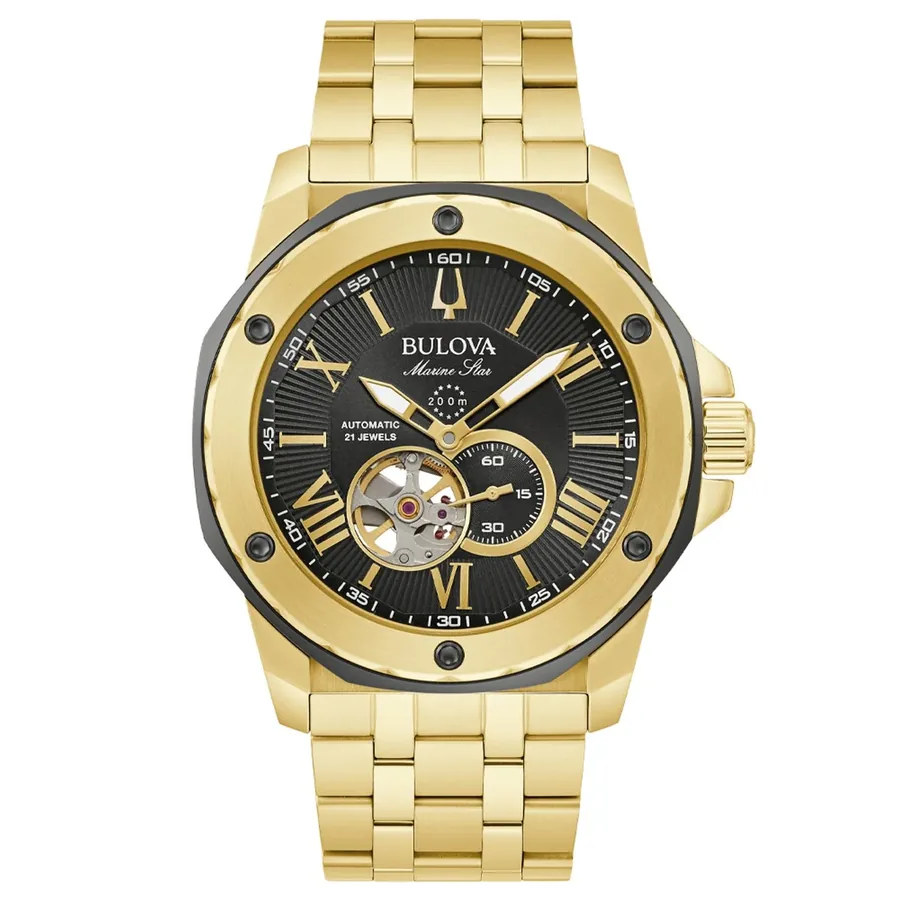 Bulova Marine Star 45mm Automatic Black Dial, Gold-Tone Stainless Steel Bracelet, Ref. 98A273, front view