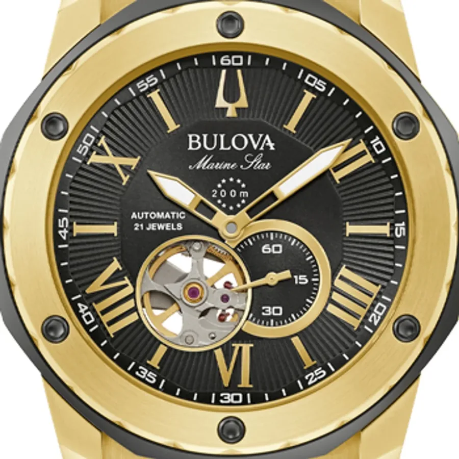 Bulova Marine Star 45mm Automatic Black Dial, Gold-Tone Stainless Steel Bracelet, Ref. 98A273, view 2