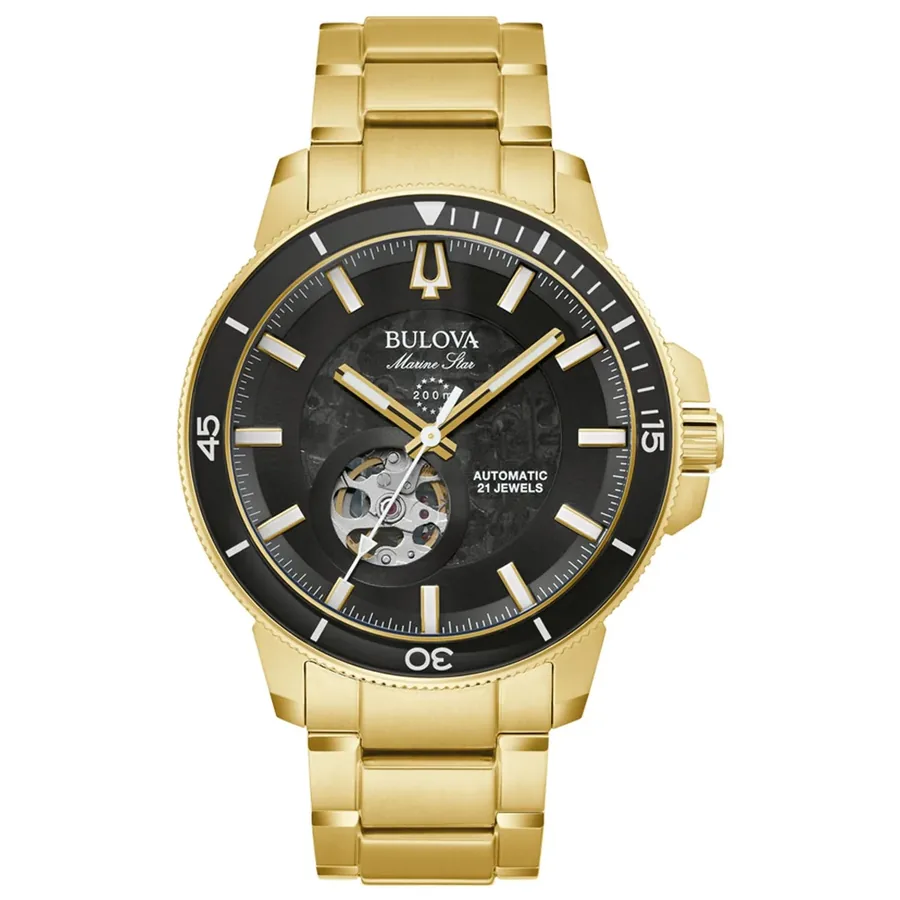 Bulova Marine Star 45mm Automatic Black Dial, Gold-Tone Stainless Steel Bracelet, Ref. 97A174, front view