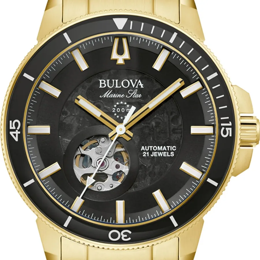 Bulova Marine Star 45mm Automatic Black Dial, Gold-Tone Stainless Steel Bracelet, Ref. 97A174, view 2