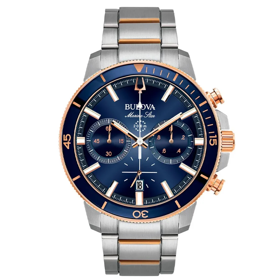 Bulova Marine Star Watch, Silver and Rose Gold-Tone Stainless Steel Bracelet, front view