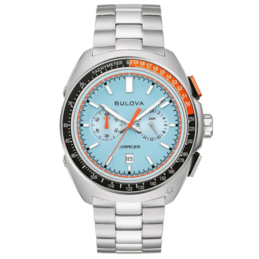 Bulova Racer 42mm Chronograph Blue Dial, Silver-Tone Stainless Steel Bracelet, Ref. 98B432, front view