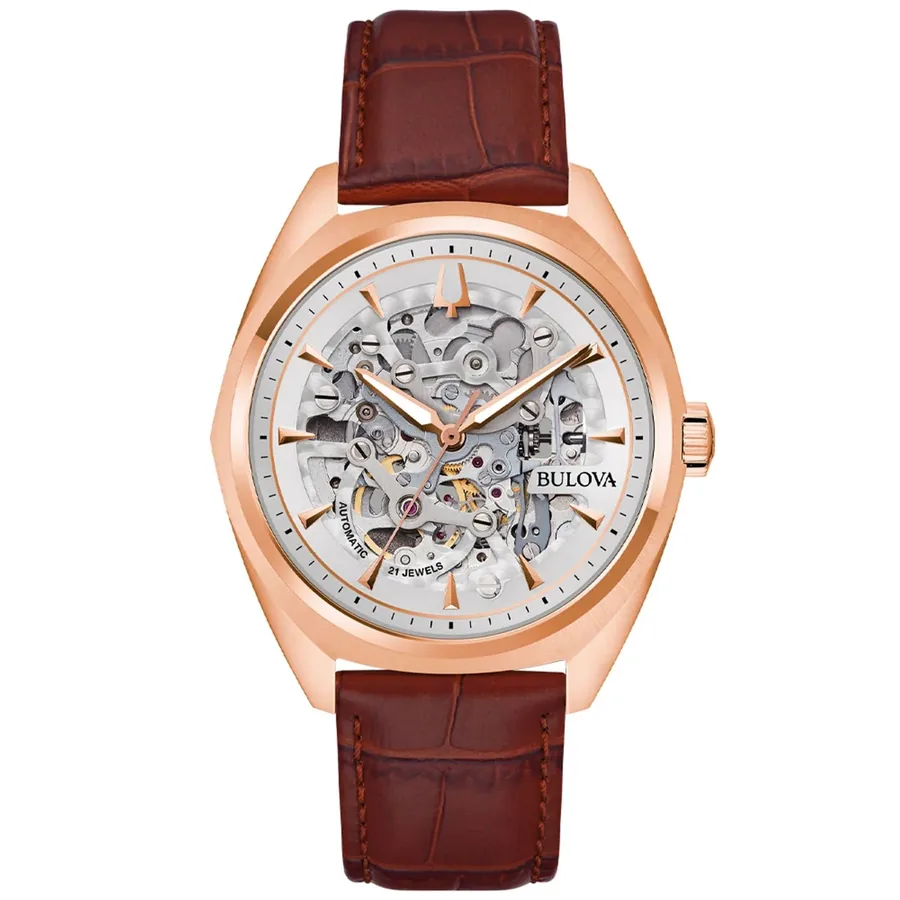 Bulova Surveyor 42mm Automatic Silver Dial, Brown Leather Strap, front view