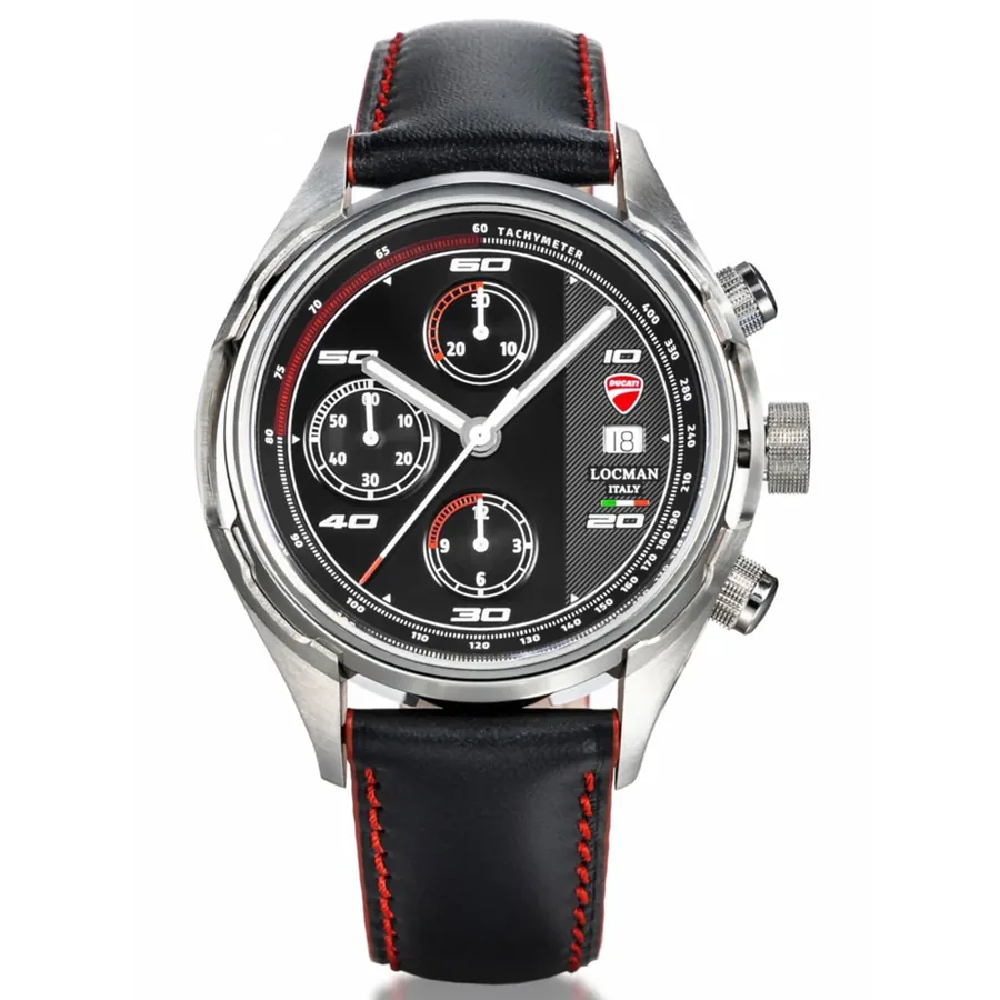Ducati 42mm Chronograph Black Dial, Black and Red Leather Strap, front view