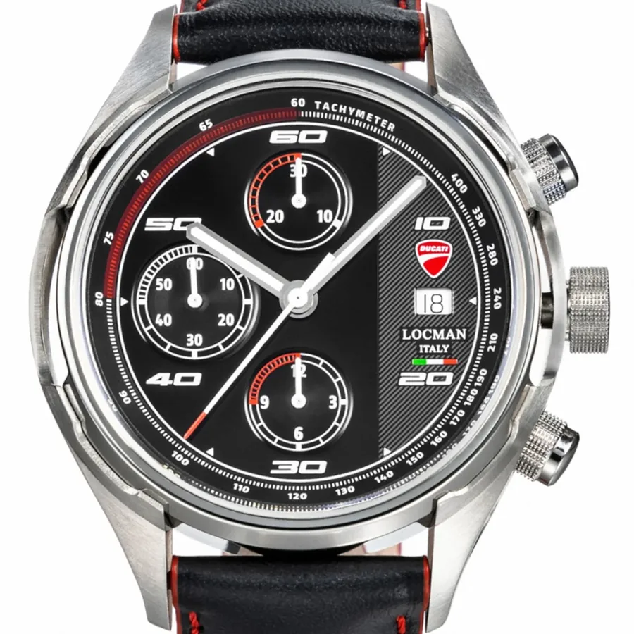 Ducati 42mm Chronograph Black Dial, Black and Red Leather Strap, view 2