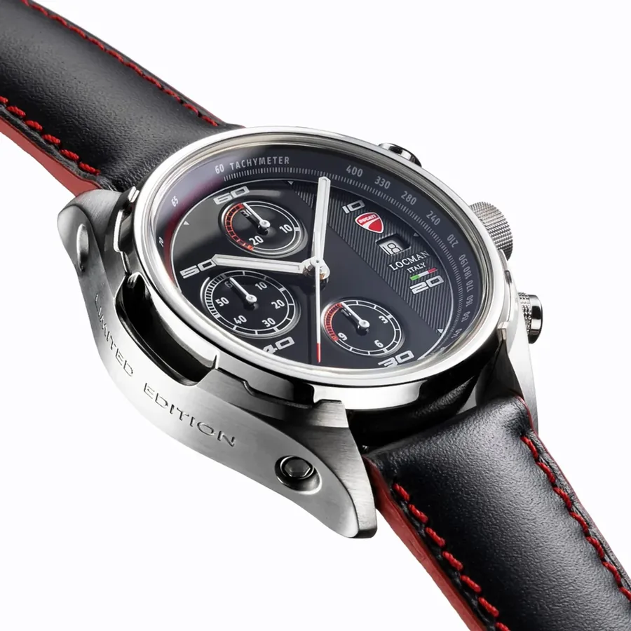 Ducati 42mm Chronograph Black Dial, Black and Red Leather Strap, view 3