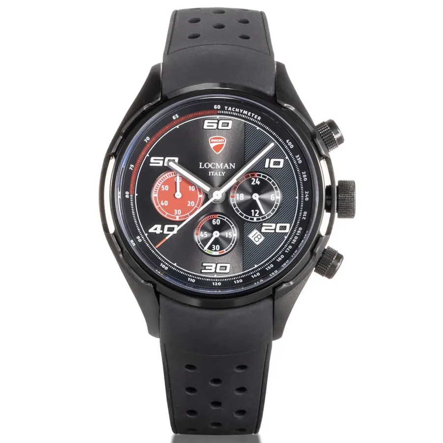 Ducati 42mm Chronograph Black Dial, Black Rubber Strap, front view