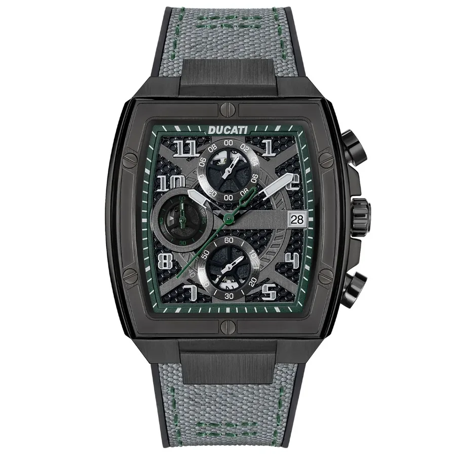 Ducati DT088 40x47mm Chronograph Black Dial, Grey and Green Silicone and Nylon Strap, front view