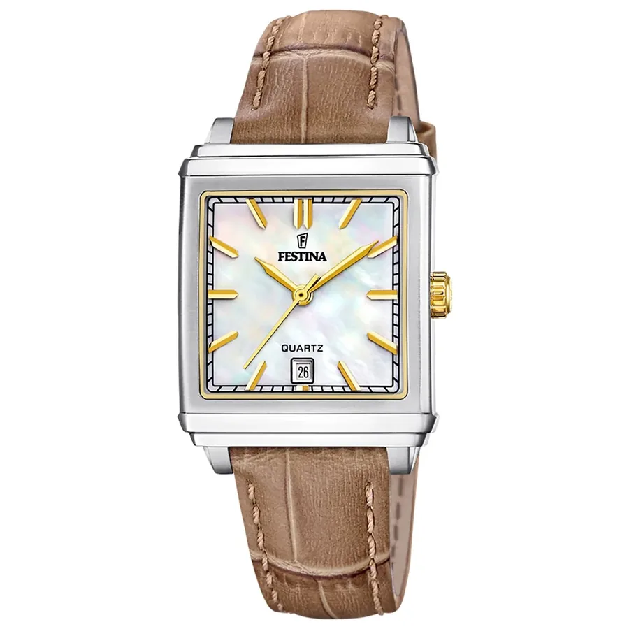 Festina 27mm Beige Dial, Brown Leather Strap, front view