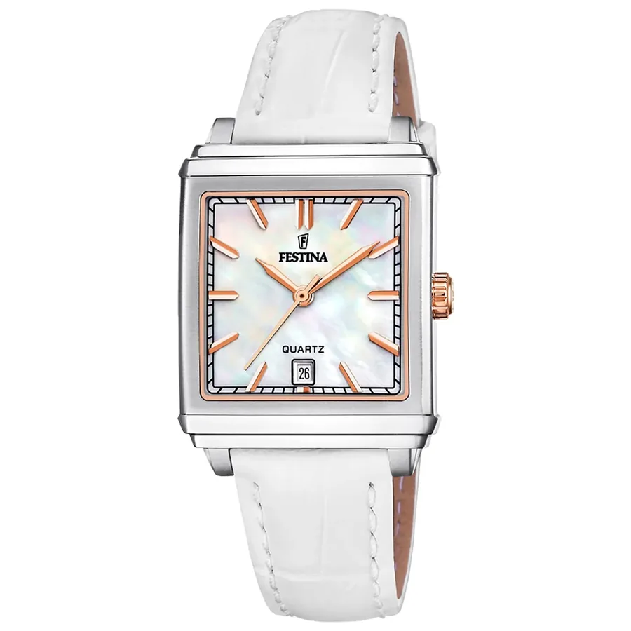 Festina 27mm Beige Dial, White Leather Strap, front view