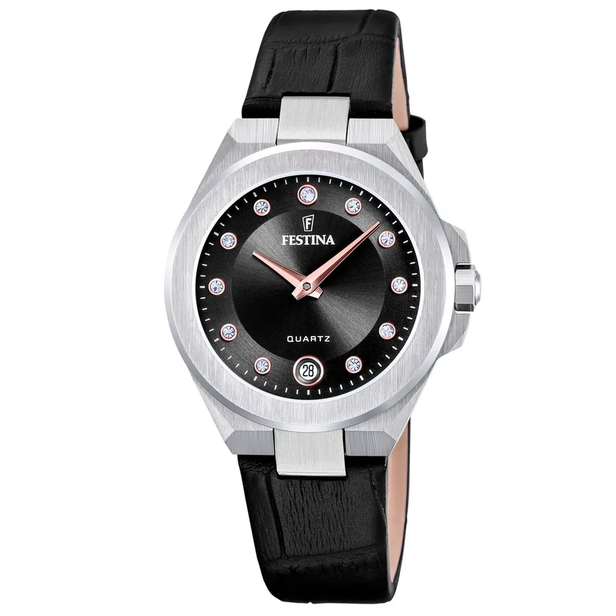 Festina 33mm Black Dial, Black Leather Strap, front view