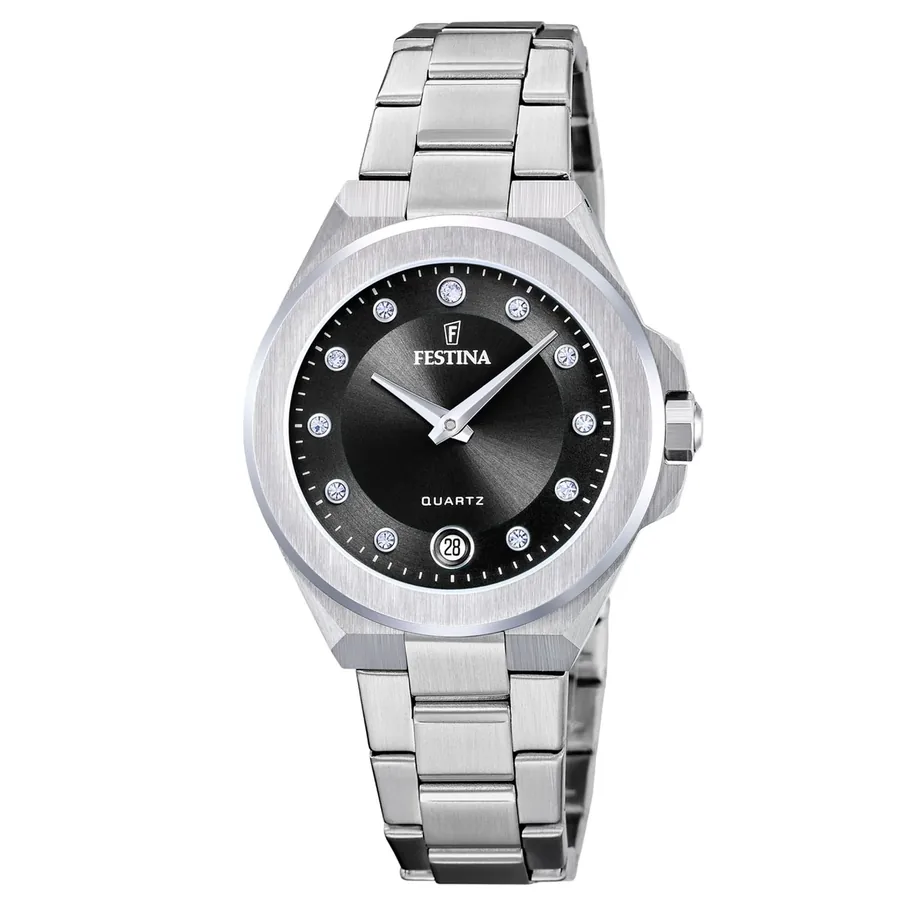 Festina 33mm Black Dial, Silver-Tone Stainless Steel Bracelet, front view
