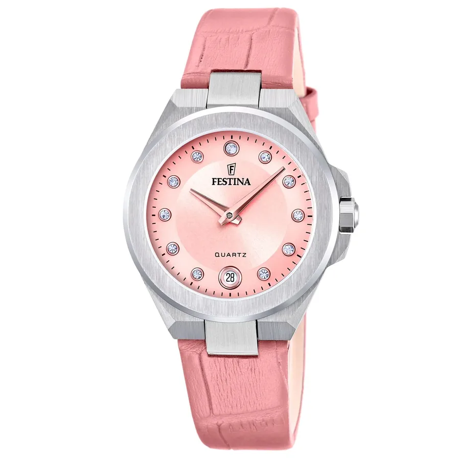 Festina 33mm Pink Dial, Pink Leather Strap, front view