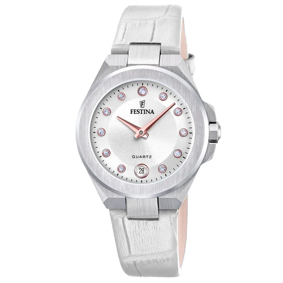 Festina 33mm Silver Dial, White Leather Strap, front view