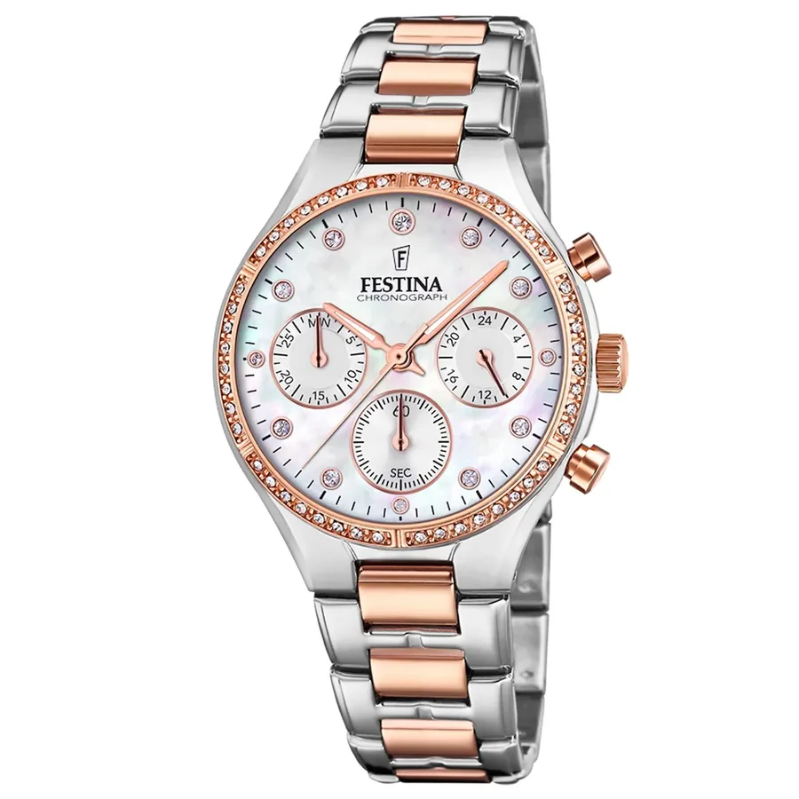 Festina 36mm Chronograph White Dial, Rose Gold-Tone Stainless Steel Bracelet, front view