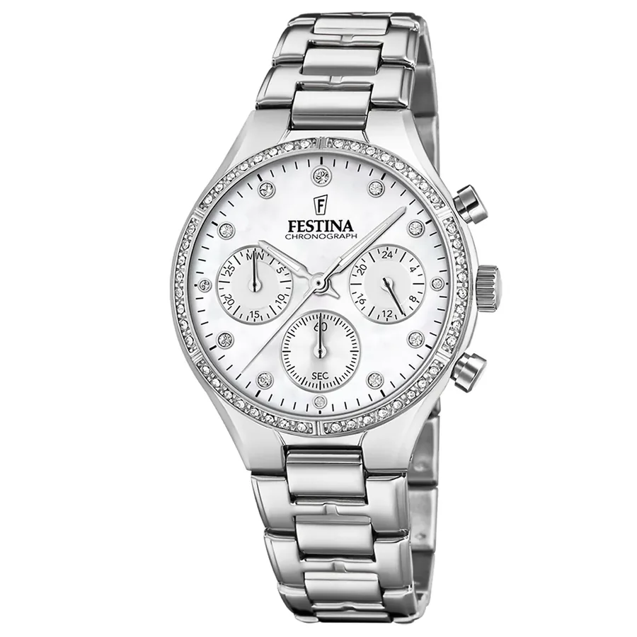 Festina 36mm Chronograph White Dial, Silver-Tone Stainless Steel Bracelet, front view