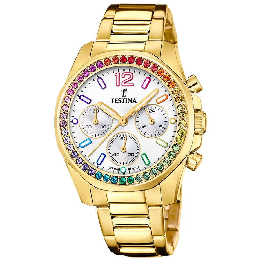 Festina 38mm Chronograph Silver Dial, Gold-Tone Stainless Steel Bracelet, front view