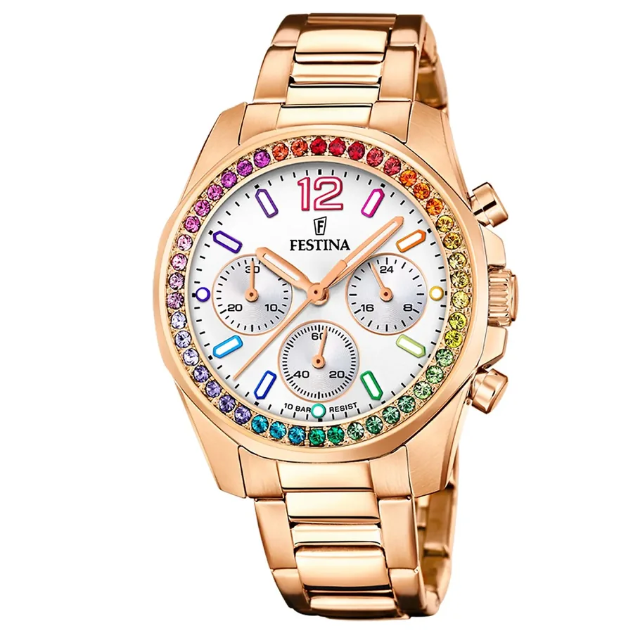 Festina 38mm Chronograph Silver Dial, Rose Gold-Tone Stainless Steel Bracelet, front view