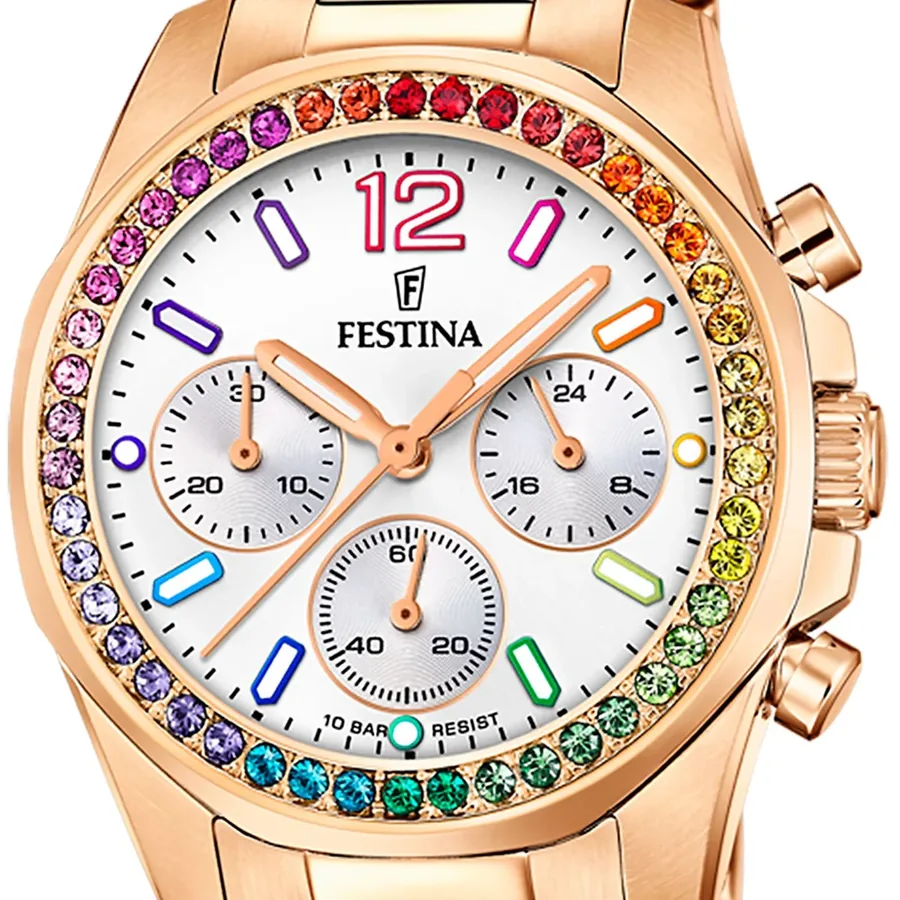 Festina 38mm Chronograph Silver Dial, Rose Gold-Tone Stainless Steel Bracelet, view 3