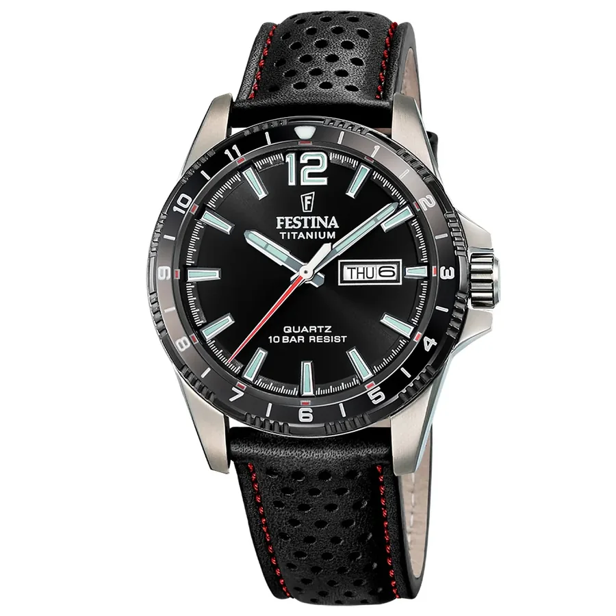 Festina 43mm Black Dial, Black Leather Strap, front view