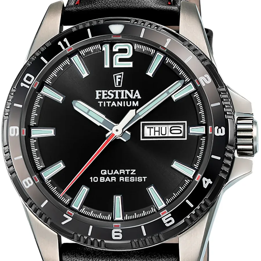 Festina 43mm Black Dial, Black Leather Strap, view 2