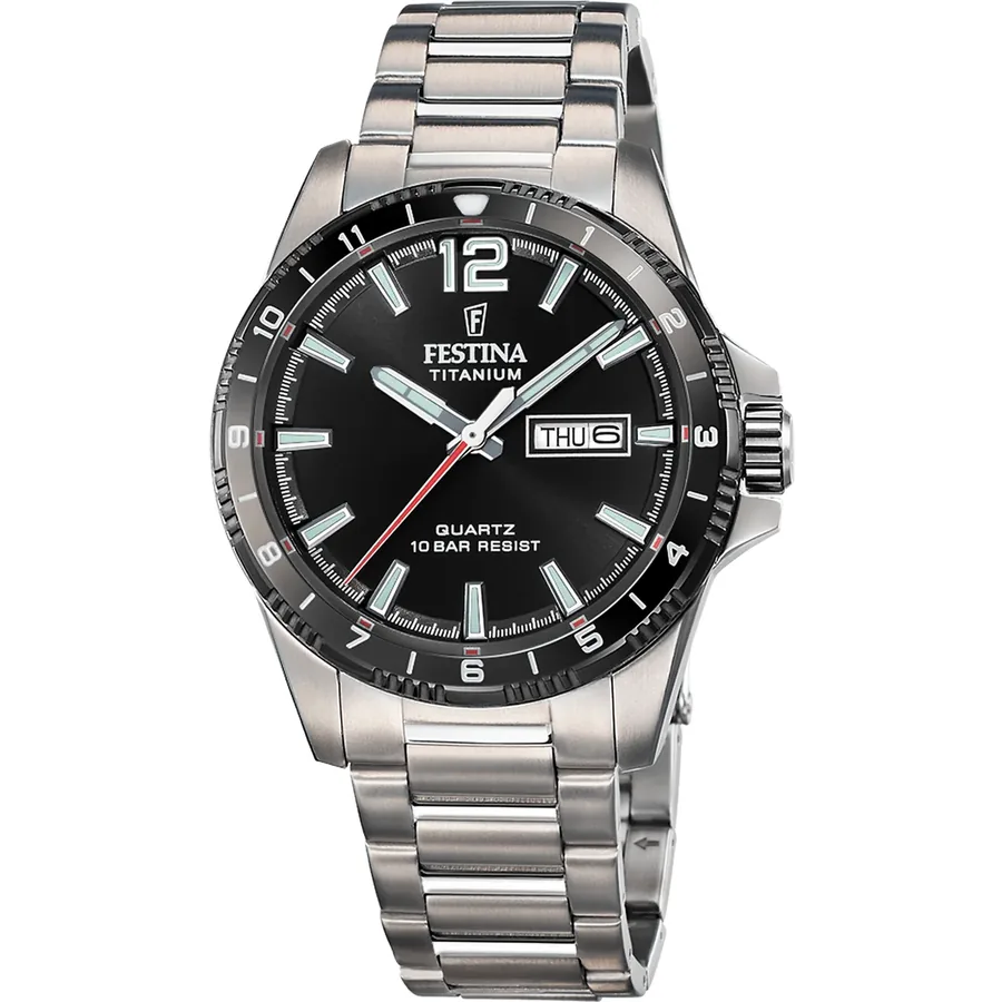Festina 43mm Black Dial, Silver-Tone Stainless Steel Bracelet, front view