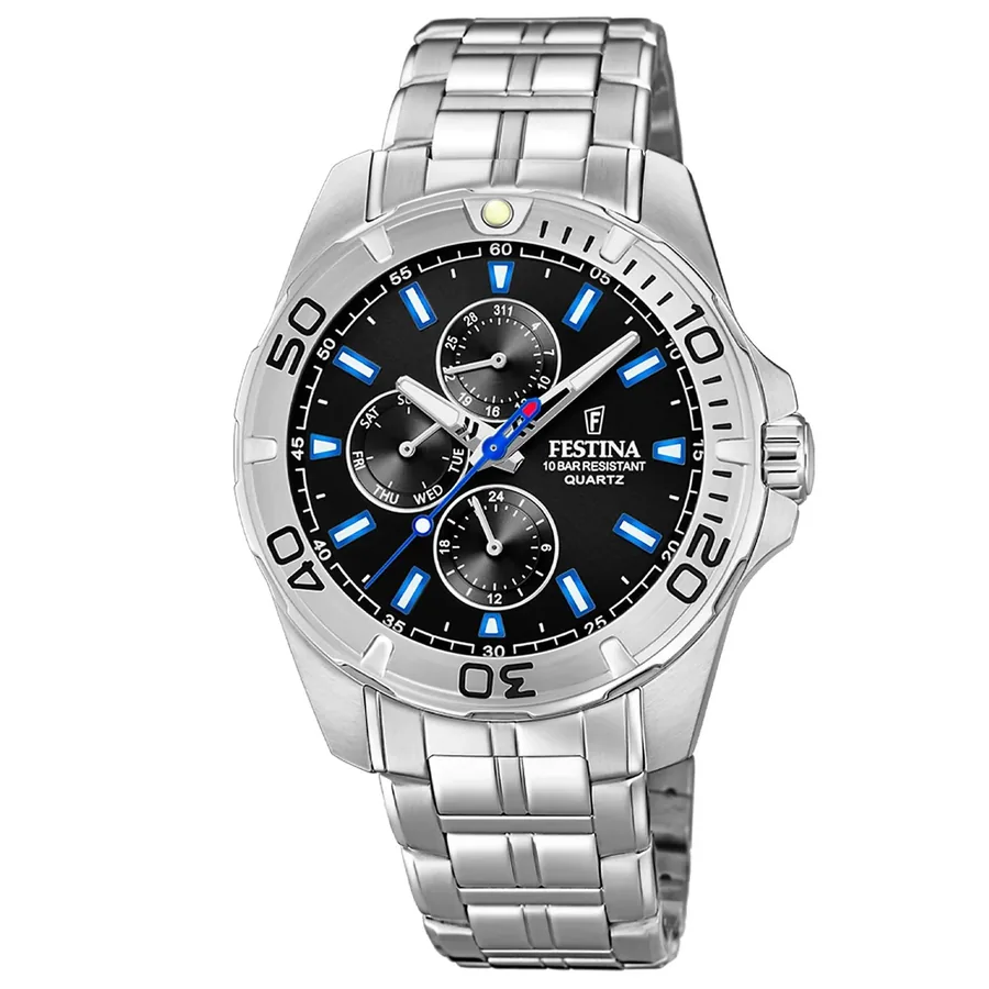 Festina 43mm Black Dial, Silver-Tone Stainless Steel Bracelet, front view
