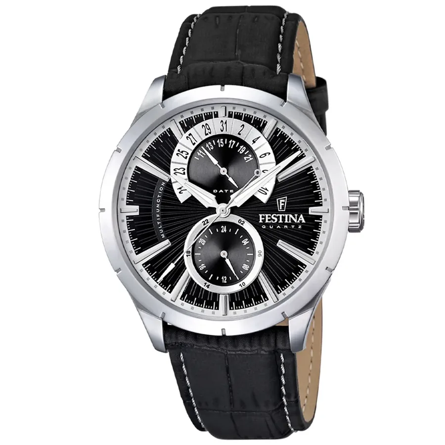Festina 44.9mm Black Dial, Black Leather Strap, front view