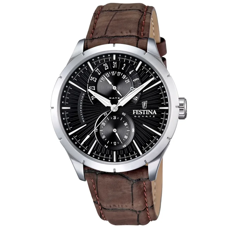 Festina 44.9mm Black Dial, Brown Leather Strap, front view