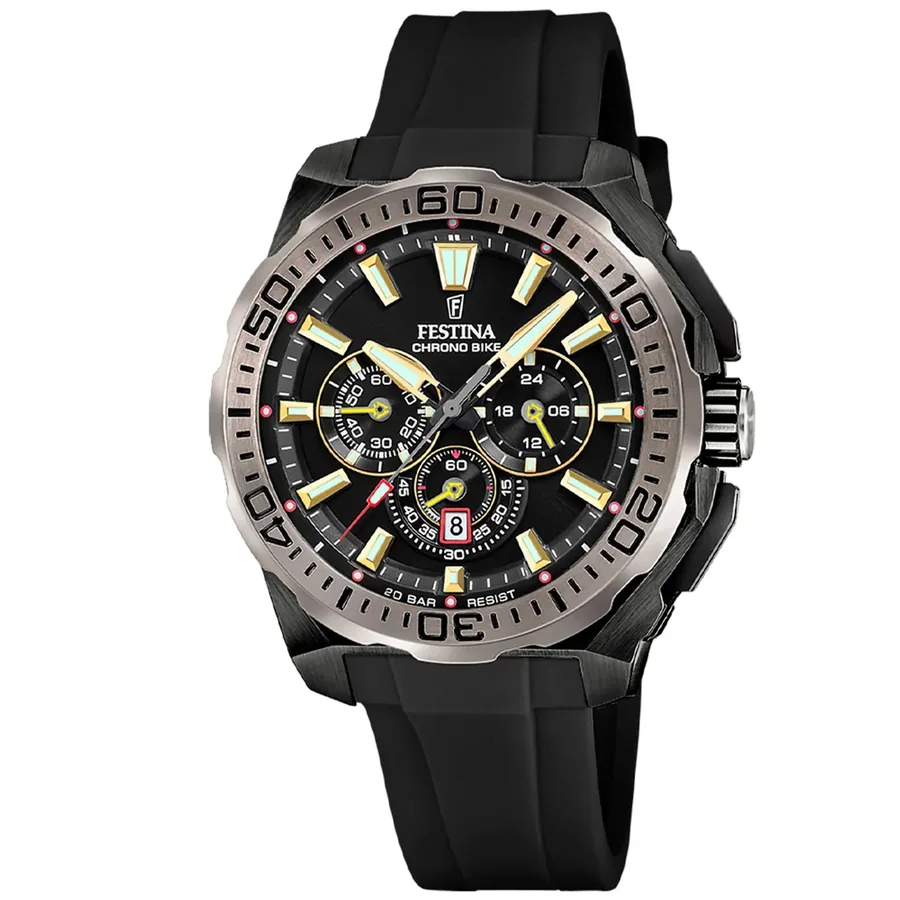Festina 45.5mm Chronograph Black Dial, Black Rubber Strap, front view