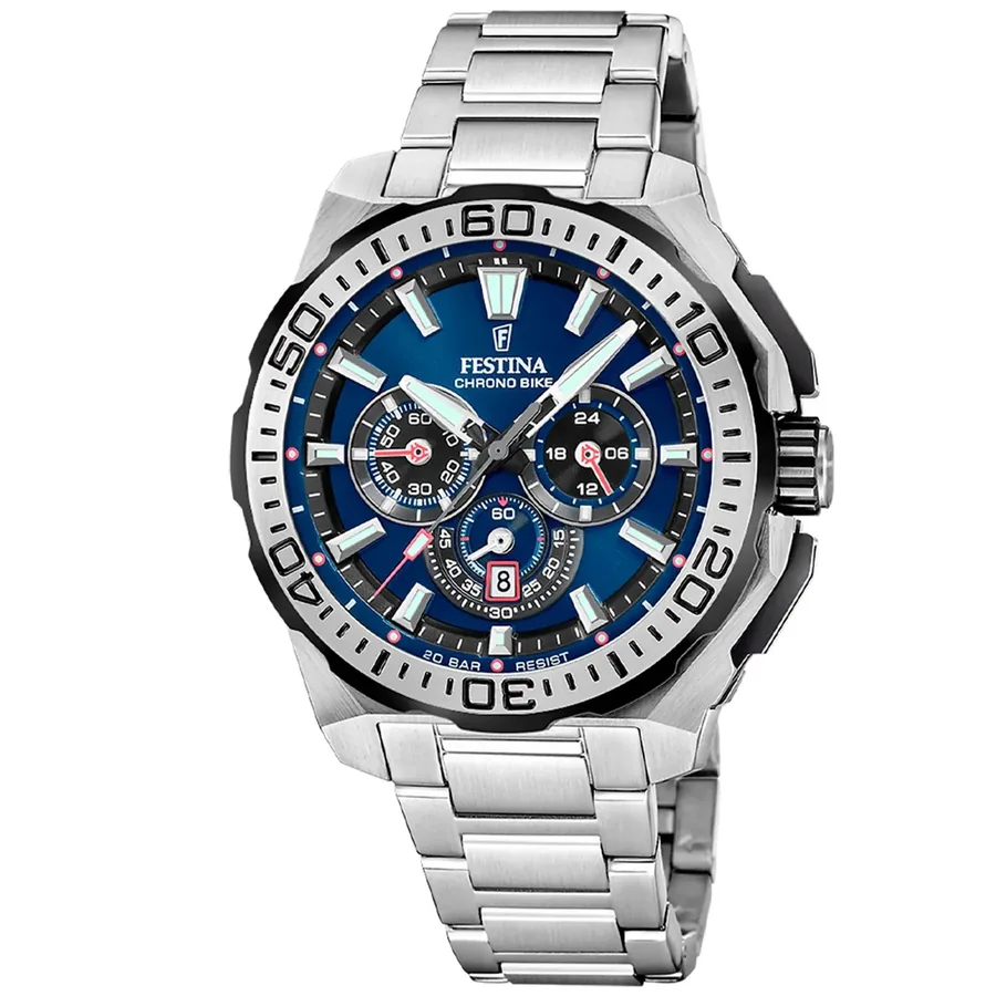 Festina 45.5mm Chronograph Black Dial, Silver-Tone Stainless Steel Bracelet, front view