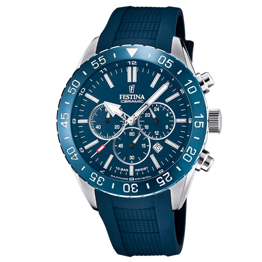 Festina Ceramic 44mm Chronograph Blue Dial, front view
