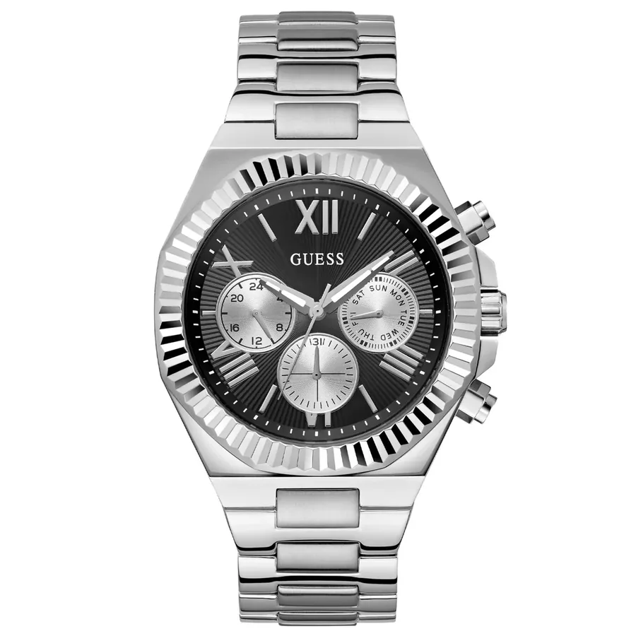 Guess 44mm Black Dial, Silver-Tone Stainless Steel Bracelet, front view