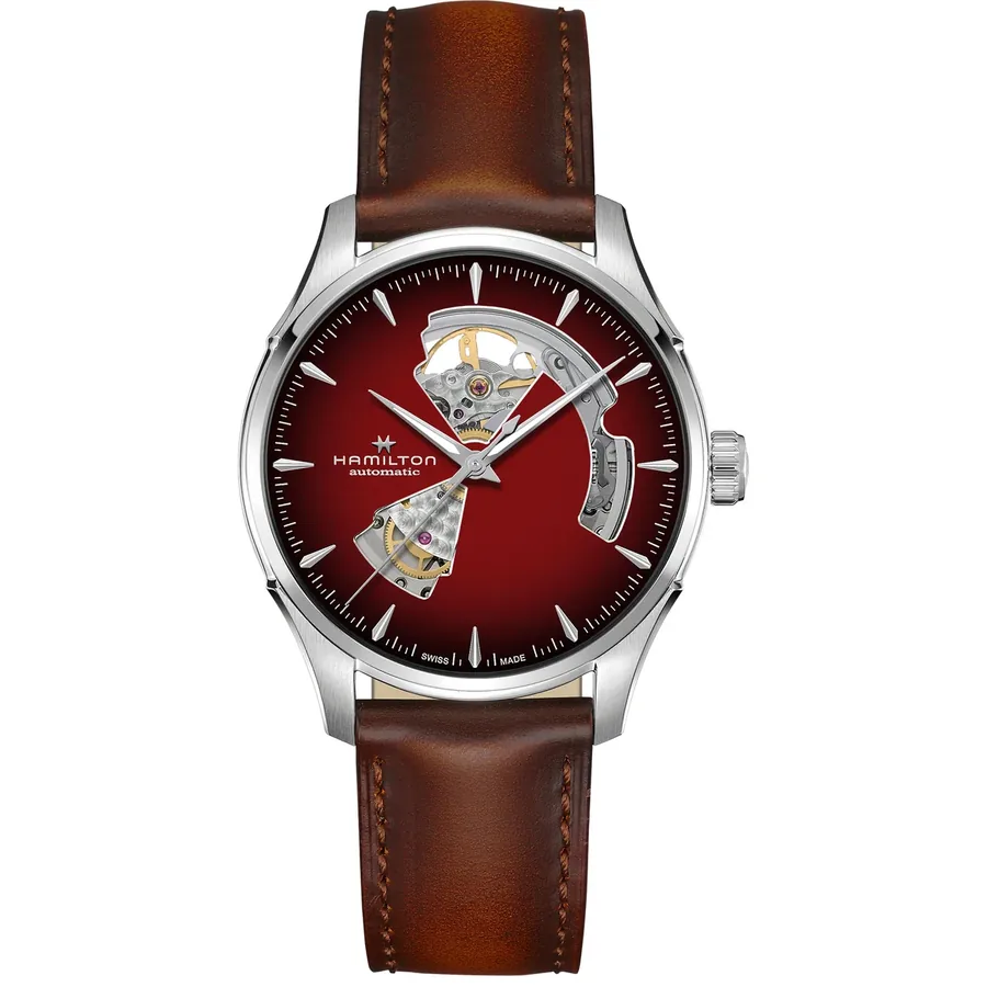 Hamilton Jazzmaster Open Heart Auto 40mm, Burgundy, leather strap, front view