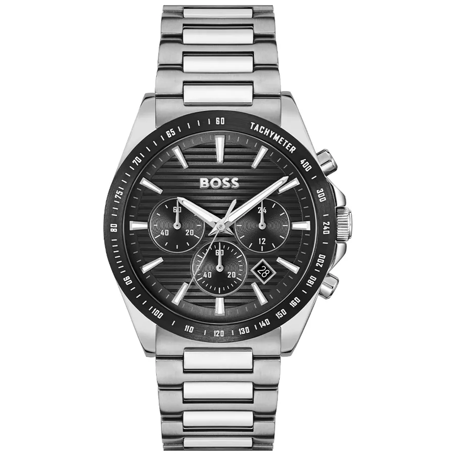 Hugo Boss Strike Chrono 41mm Black Dial, Silver-Tone Stainless Steel Bracelet, front view