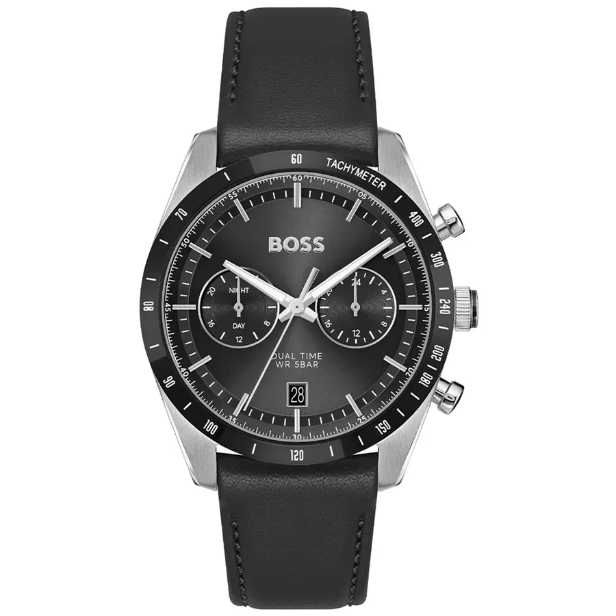 Hugo Boss Tourmaster 41mm Black Dial, Black Leather Strap, front view