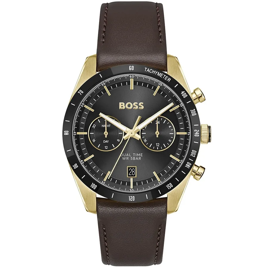 Hugo Boss Tourmaster 41mm Black Dial, Brown Leather Strap, front view