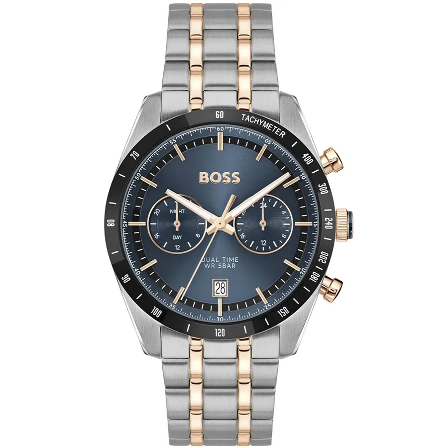 Hugo Boss Tourmaster 41mm Blue Dial, Silver and Gold-Tone Metal Bracelet, front view