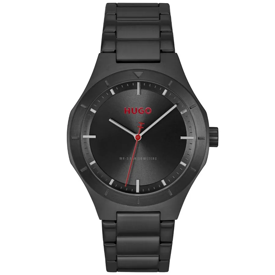 HUGO LIT 42mm Black Dial, Black Stainless Steel Bracelet, front view